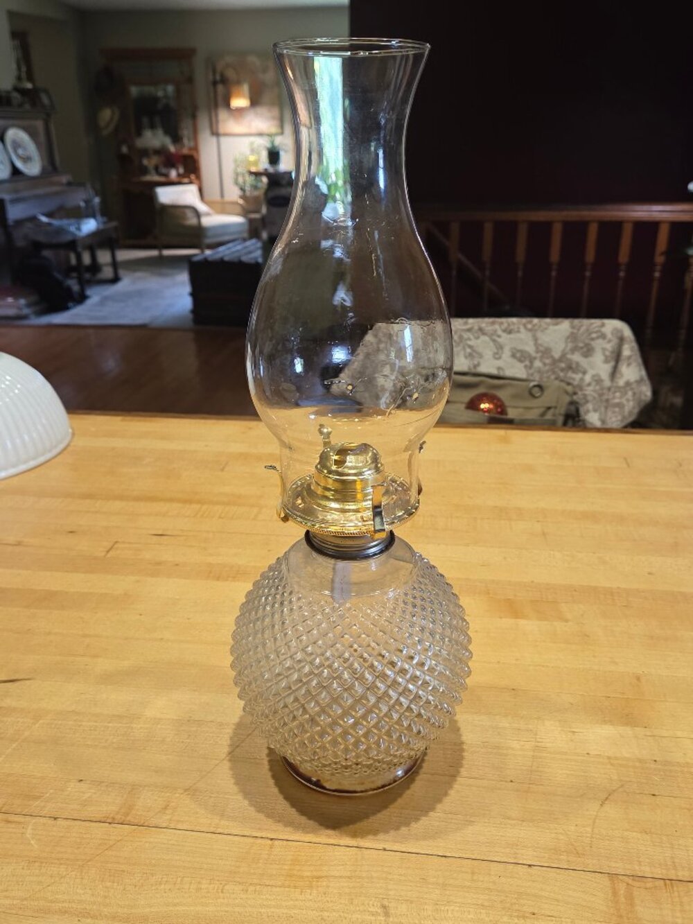 Vintage Lamplight Farms Diamond Point Clear Glass Kerosene Hurricane Oil Lamp